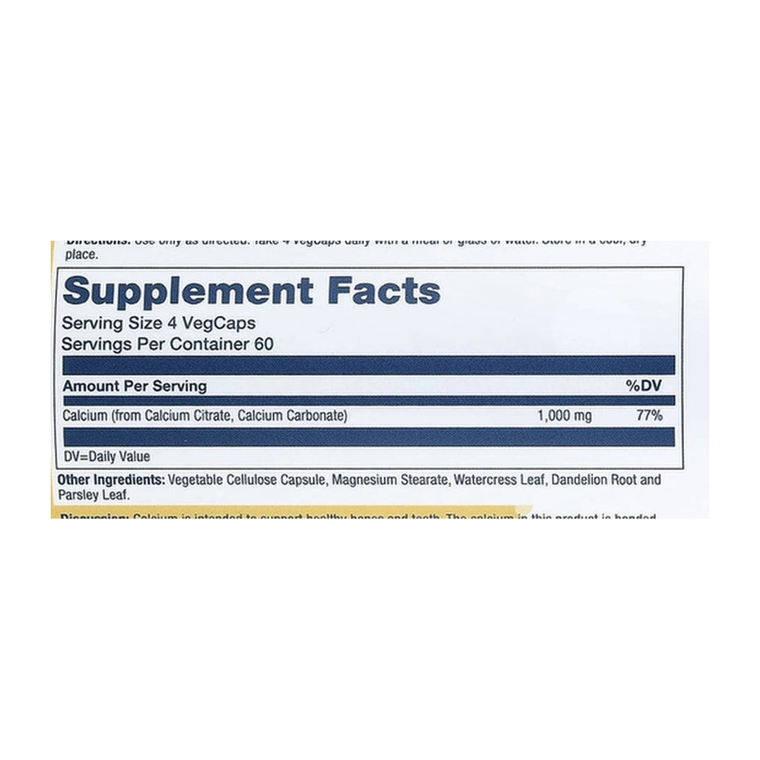 Solaray, Calcium Citrate, 240 VegCaps (250 mg per Capsule) supplement facts label showing ingredients, vitamins, minerals, and serving information