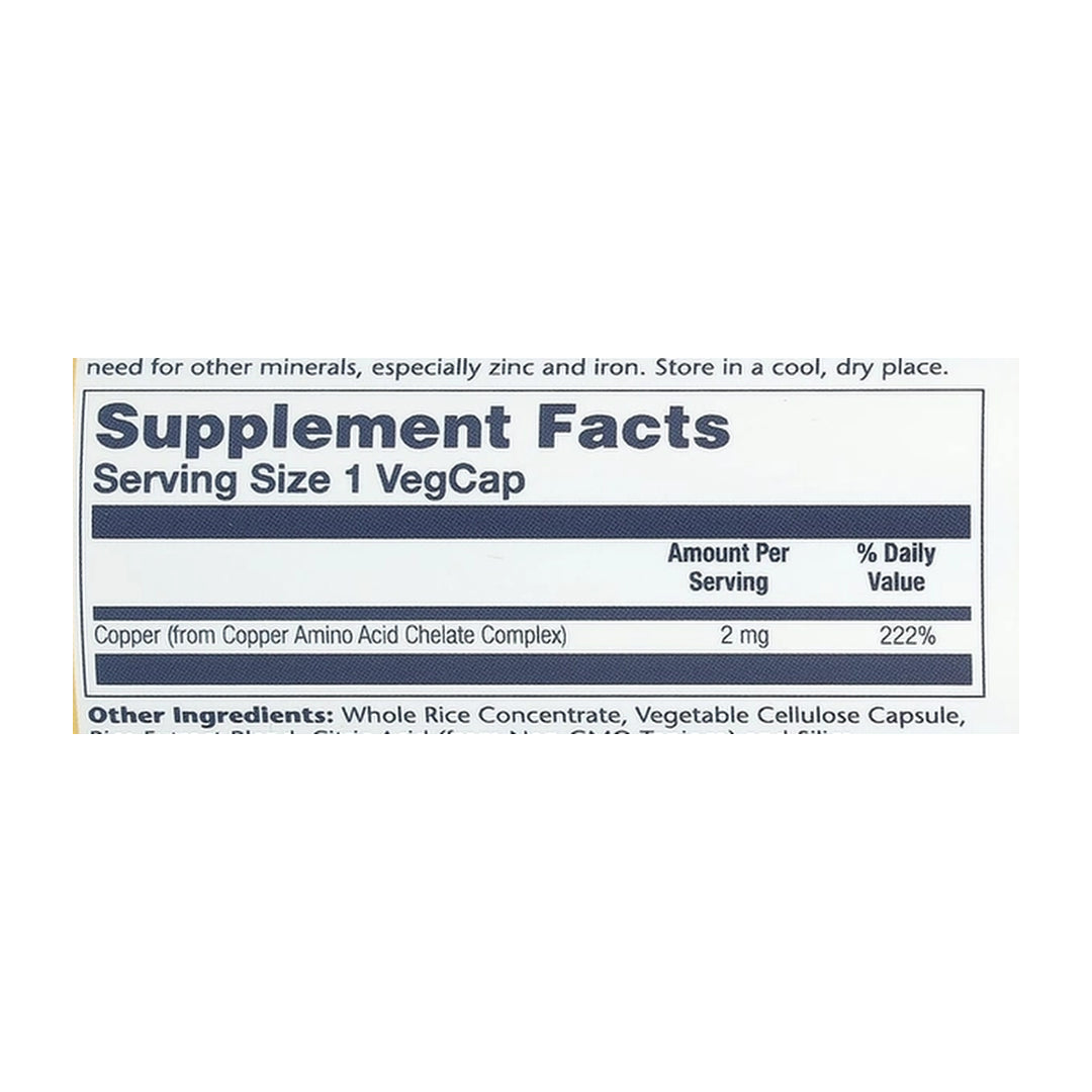 Solaray, Copper, 2 mg, 100 VegCaps supplement facts label showing ingredients, vitamins, minerals, and serving information