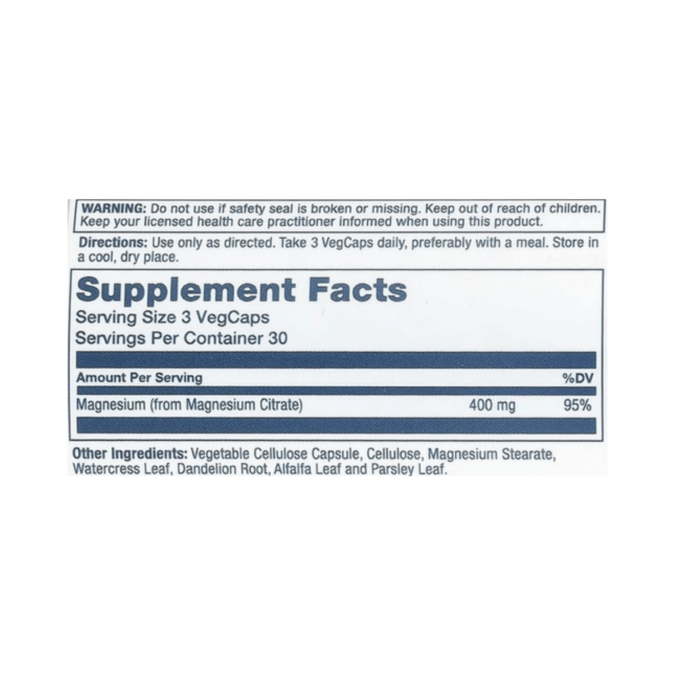 Solaray, Magnesium Citrate, 90 Capsules (133 mg per Capsule) supplement facts label showing ingredients, vitamins, minerals, and serving information