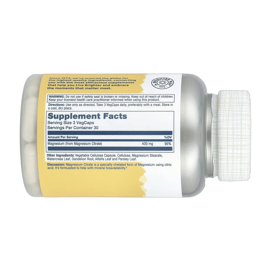 Solaray, Magnesium Citrate, 90 Capsules (133 mg per Capsule) back packaging view