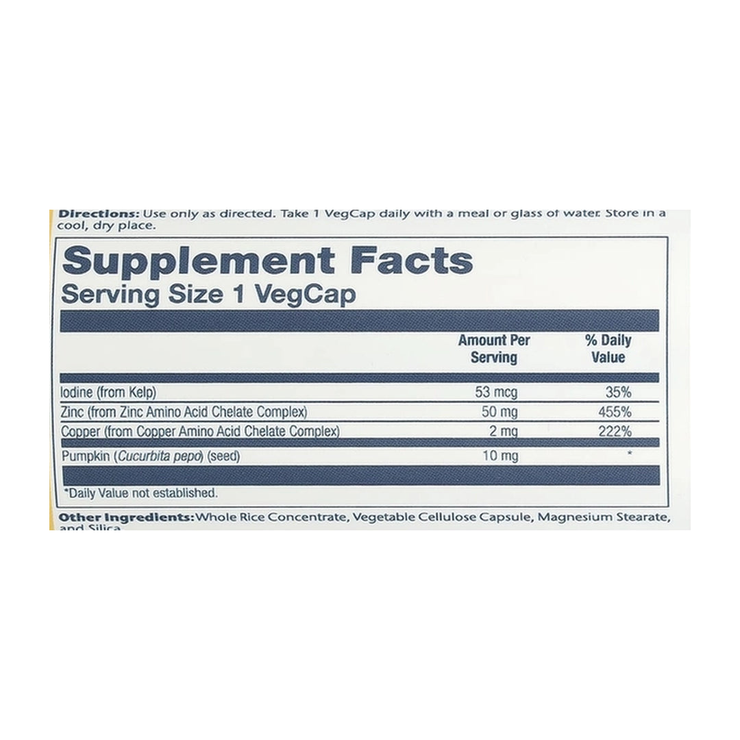 Solaray, Zinc Copper with Kelp & Pumpkin Seed, 100 VegCaps supplement facts label showing ingredients, vitamins, minerals, and serving information