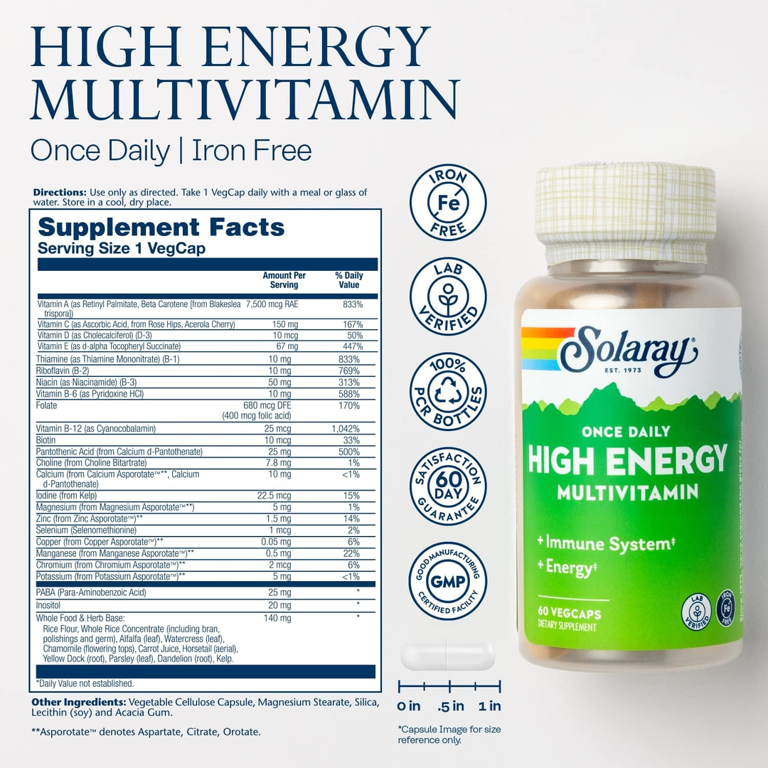 Solaray, Once Daily High Energy Multivitamin, Iron Free, 60 VegCaps