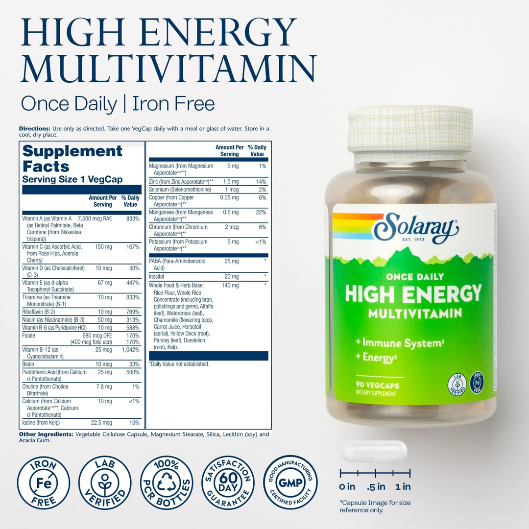 Solaray, Once Daily High Energy Multivitamin, Iron Free, 90 VegCaps
