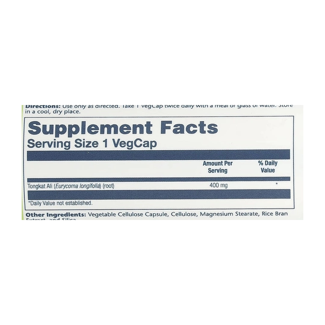 Solaray, Tongkat Ali, 400 mg, 60 VegCaps supplement facts label showing ingredients, vitamins, minerals, and serving information