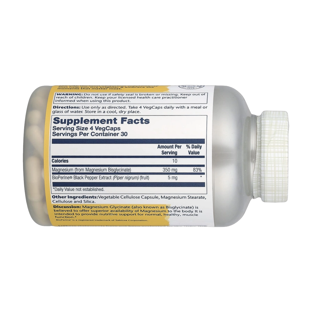 Solaray, Magnesium Glycinate, High Absorption , 350 mg, 120 VegCaps back packaging view