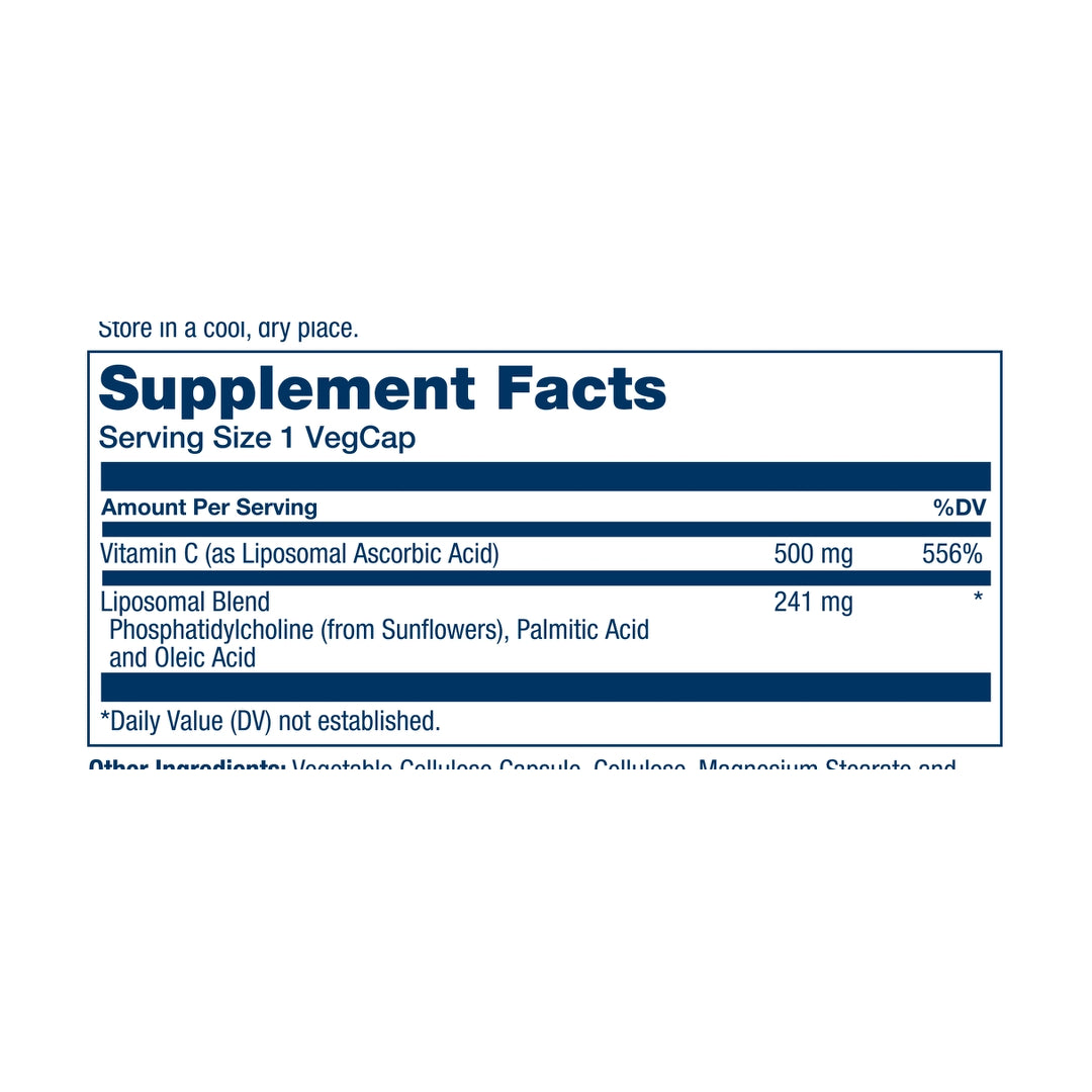 Solaray, Enhanced Absorption, Liposomal Vitamin C, 100 VegCaps supplement facts label showing ingredients, vitamins, minerals, and serving information