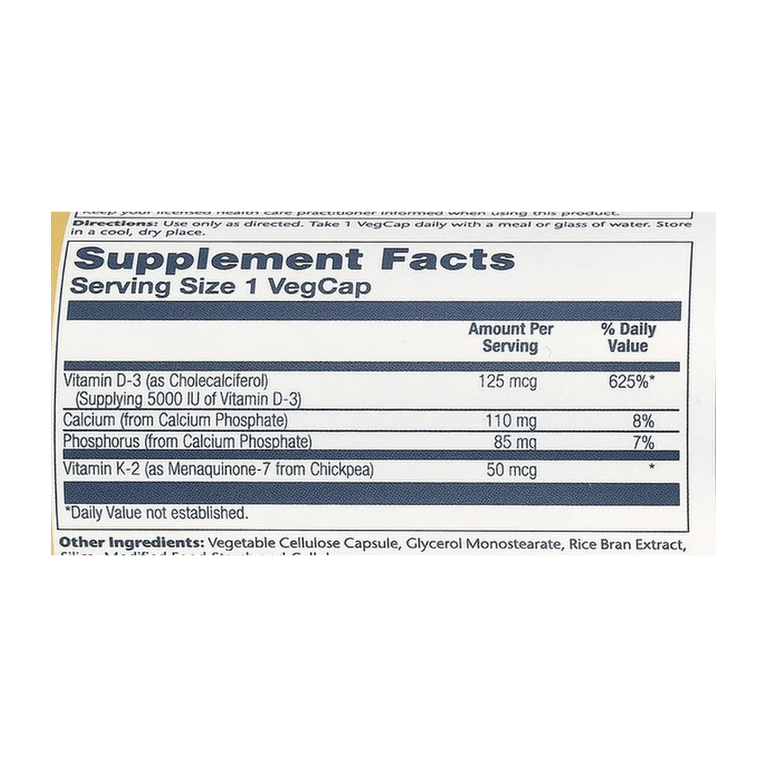 Solaray, Vitamin D3 + K2, 120 VegCaps supplement facts label showing ingredients, vitamins, minerals, and serving information