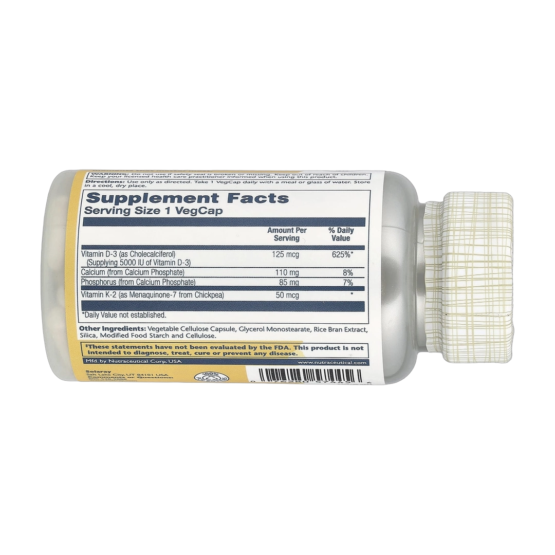 Solaray, Vitamin D3 + K2, 120 VegCaps back packaging view