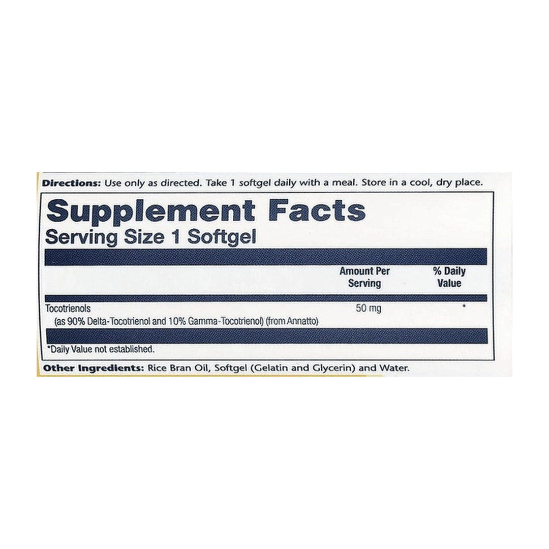 Solaray, Vitamine E Tocotrienols, 50 mg, 60 Softgels supplement facts label showing ingredients, vitamins, minerals, and serving information