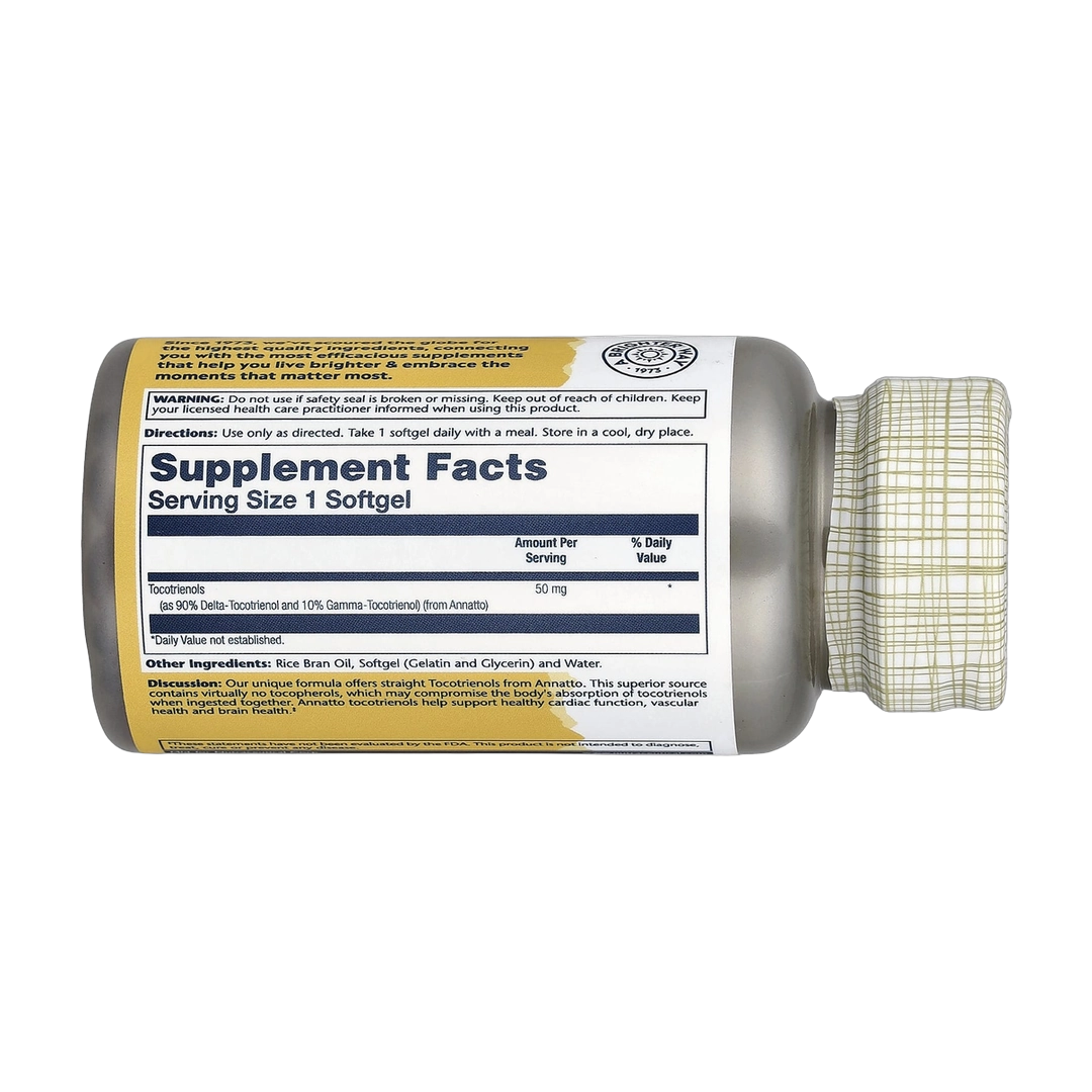 Solaray, Vitamine E Tocotrienols, 50 mg, 60 Softgels back packaging view