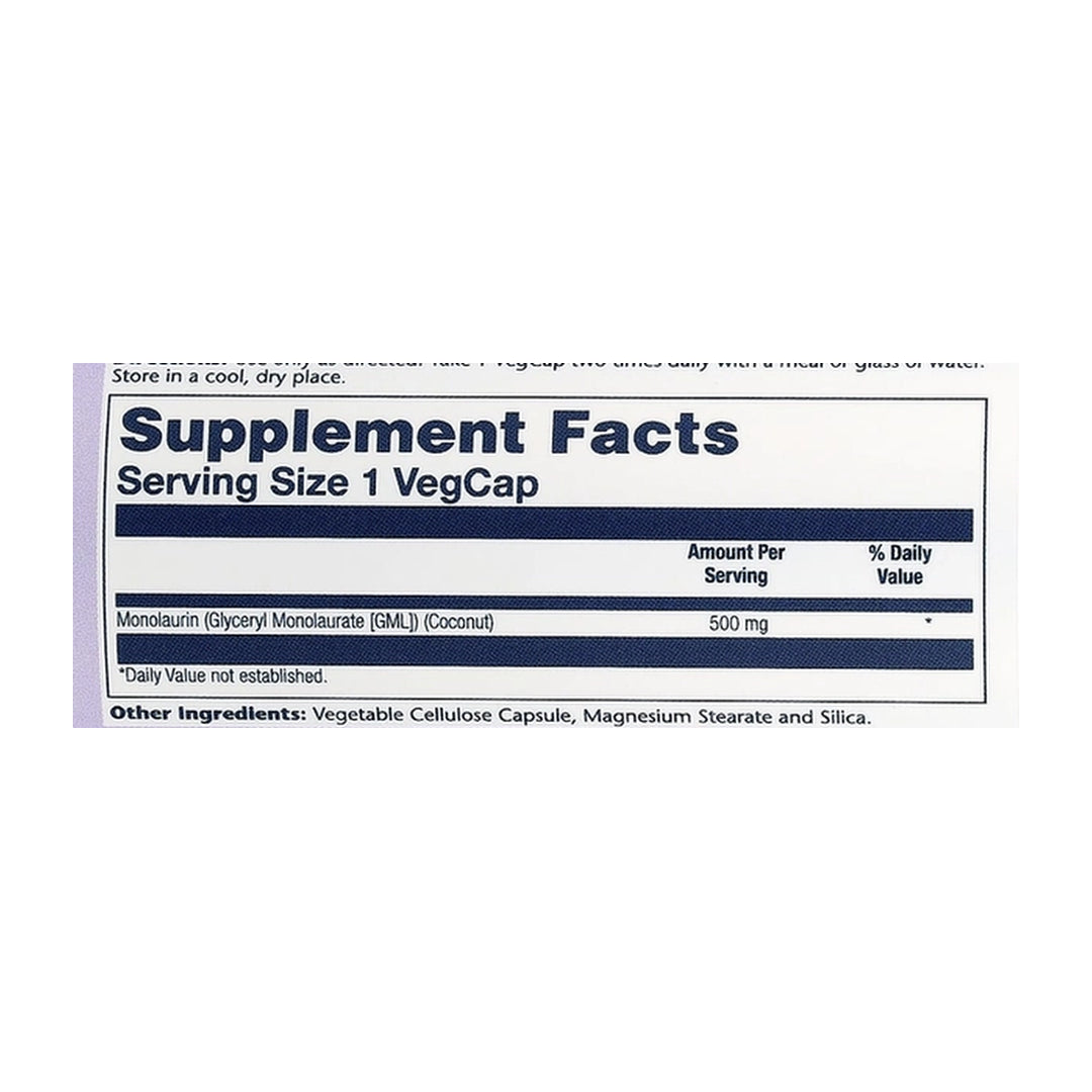 Solaray, Monolaurin, 500 mg, 60 VegCaps supplement facts label showing ingredients, vitamins, minerals, and serving information