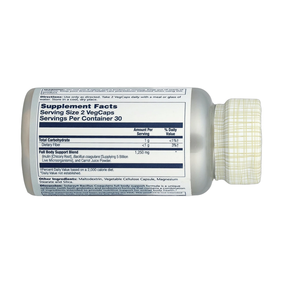 Solaray, Bacillus Coagulans, 60 VegCaps back packaging view