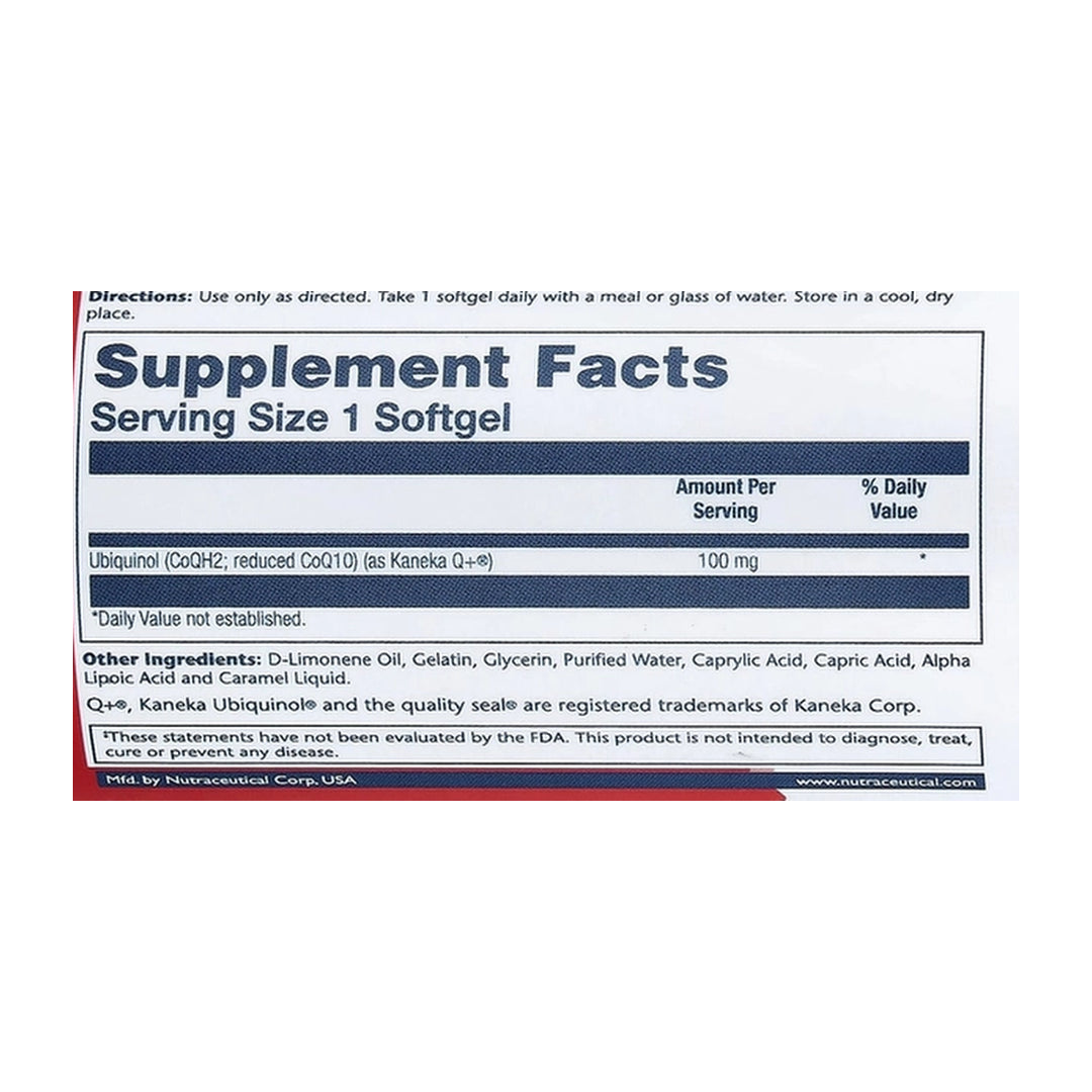 Solaray, Ubiquinol CoQ10, Enhanced Absorption, 100 mg, 30 Softgels supplement facts label showing ingredients, vitamins, minerals, and serving information