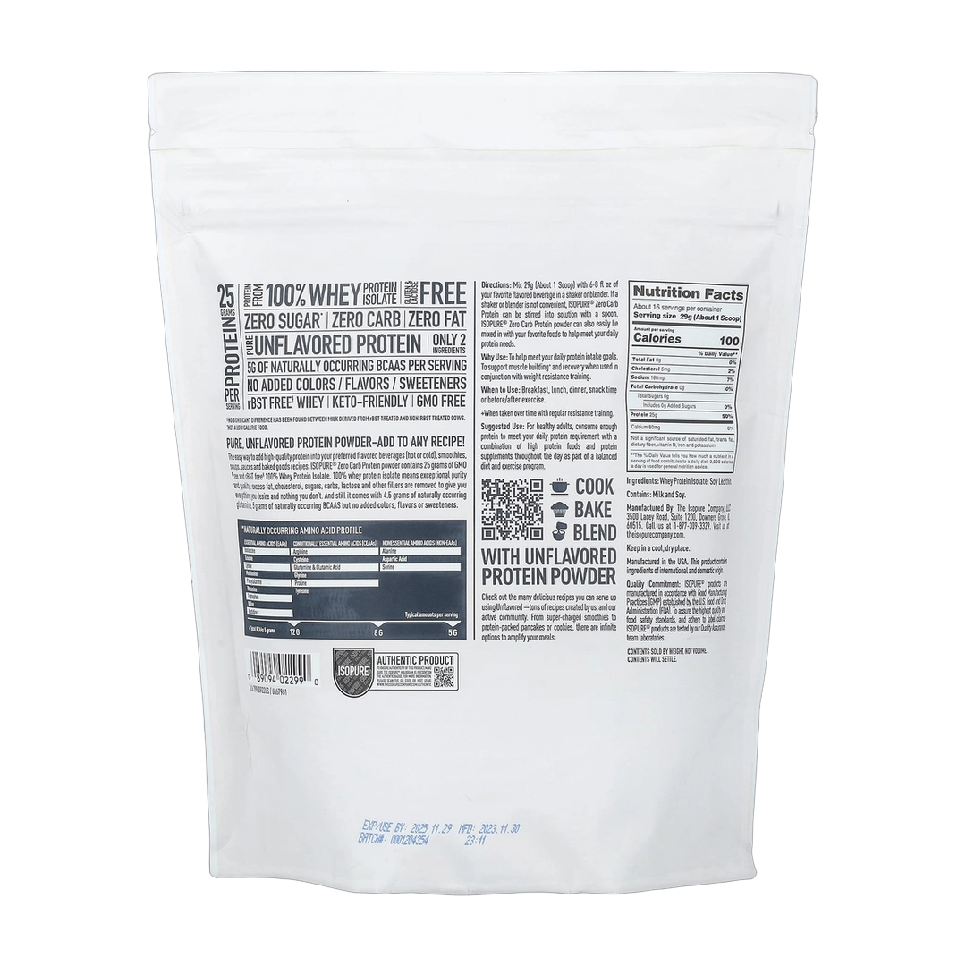 Isopure, Zero Carb Protein Powder, Unflavored, 1 lb (454 g)