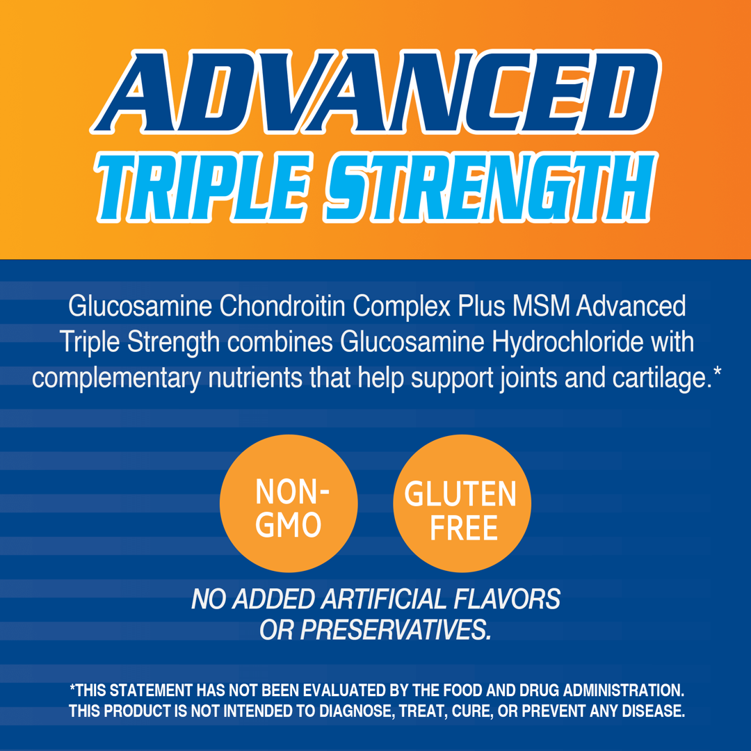 21st Century, Glucosamine Chondroitin Complex Plus MSM, Advanced Triple Strength, 80 Tablets supplement facts label showing ingredients, vitamins, minerals, and serving information