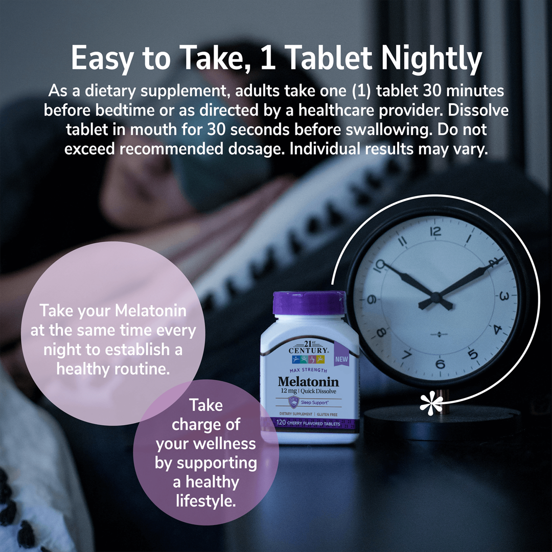 21st Century, Melatonin, Max Strength, Cherry, 12 mg, 120 Tablets lifestyle image