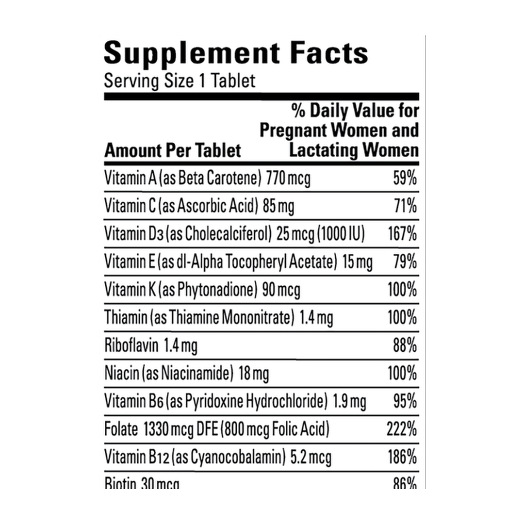 Nature Made, Prenatal Multivitamin with Folic Acid, 90 Tablets supplement facts label showing ingredients, vitamins, minerals, and serving information