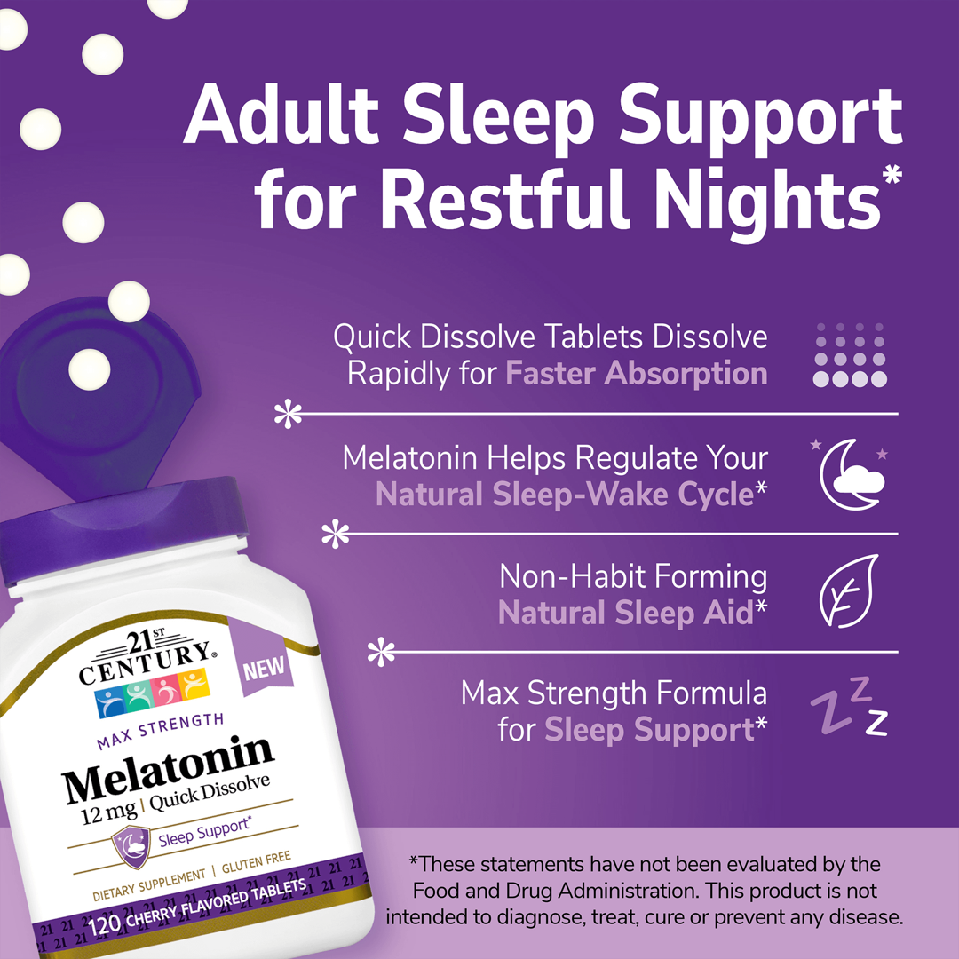 21st Century, Melatonin, Max Strength, Cherry, 12 mg, 120 Tablets lifestyle image