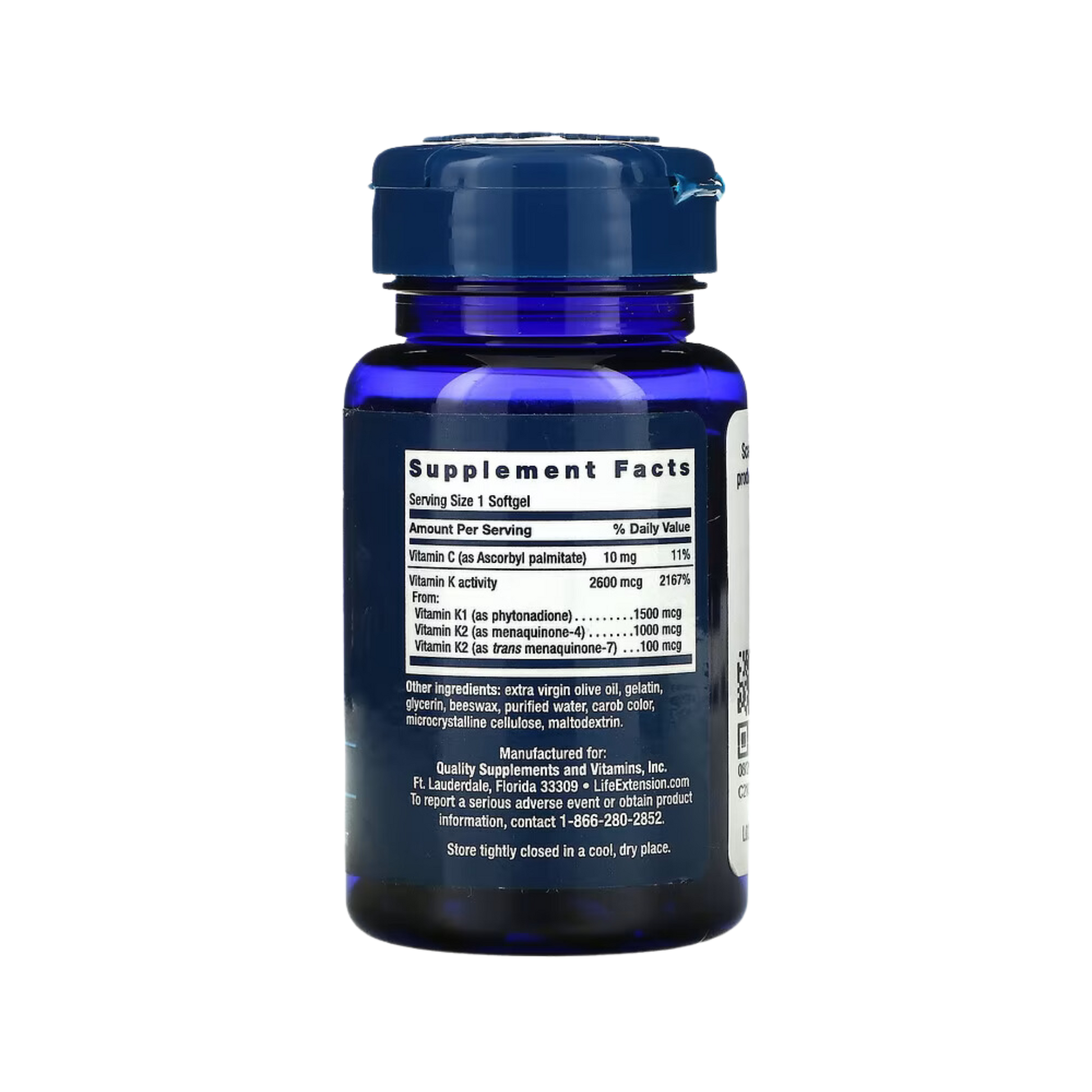 Life Extension, Super K, 90 Softgels back packaging view