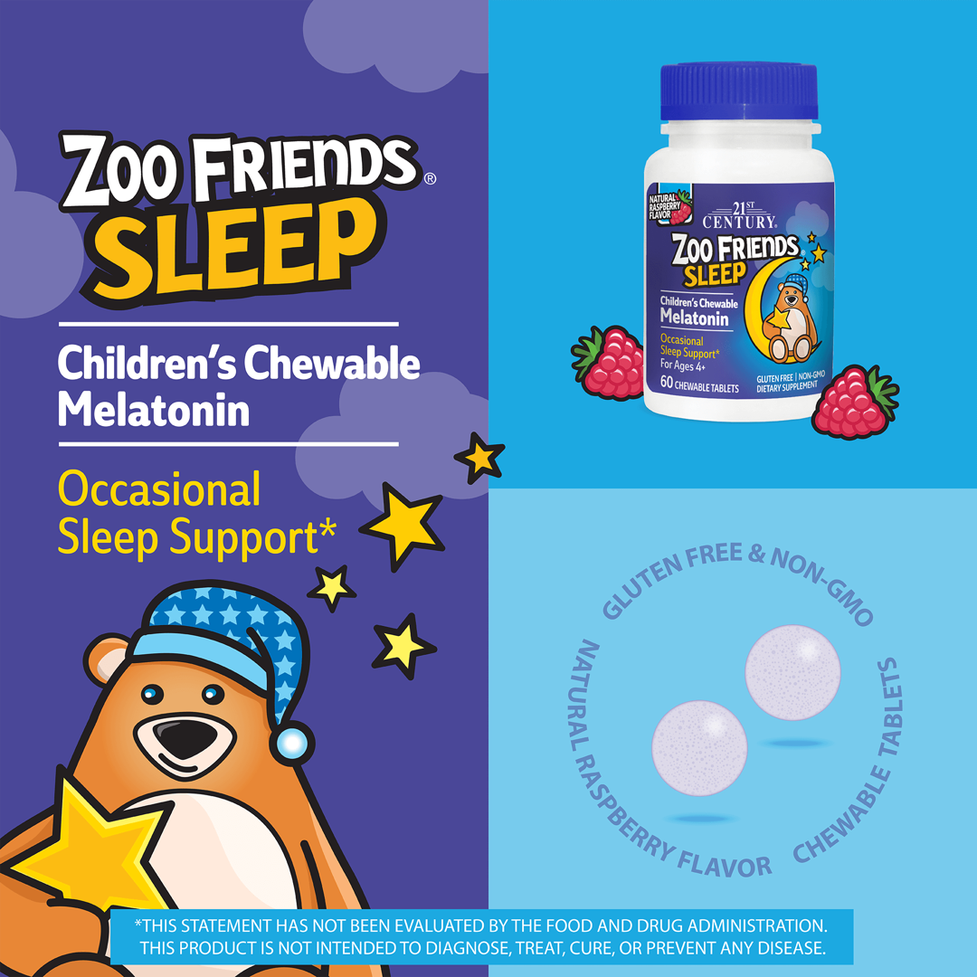 21st Century, Zoo Friends Sleep, Children's Chewable Melatonin, Ages 4+, Raspberry, 60 Chewable Tablets lifestyle image