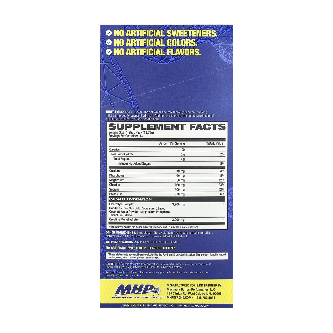 MHP, Impact Hydration, Electrolytes + Creatine, Lemon Lime , 14 Stick Packs, 0.52 oz