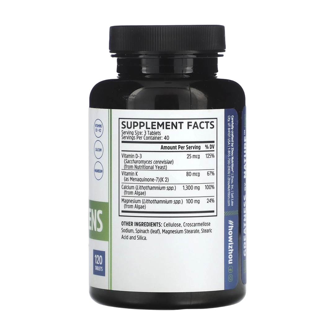 Zhou Nutrition, Calcium Greens, 120 Tablets back packaging view