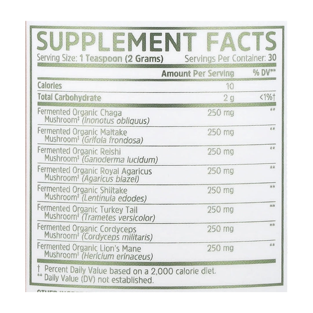 Zhou Nutrition, Mushroom 8-Plex™ Powder, Unflavored, 2.14 oz (60 g) supplement facts label showing ingredients, vitamins, minerals, and serving information