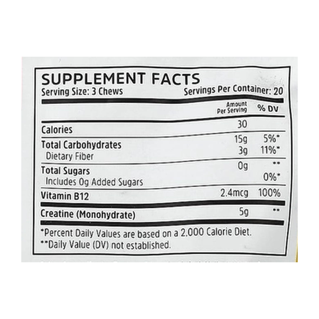 Zhou Nutrition, Creatine Chews, Pink Lemonade, 60 Chews supplement facts label showing ingredients, vitamins, minerals, and serving information