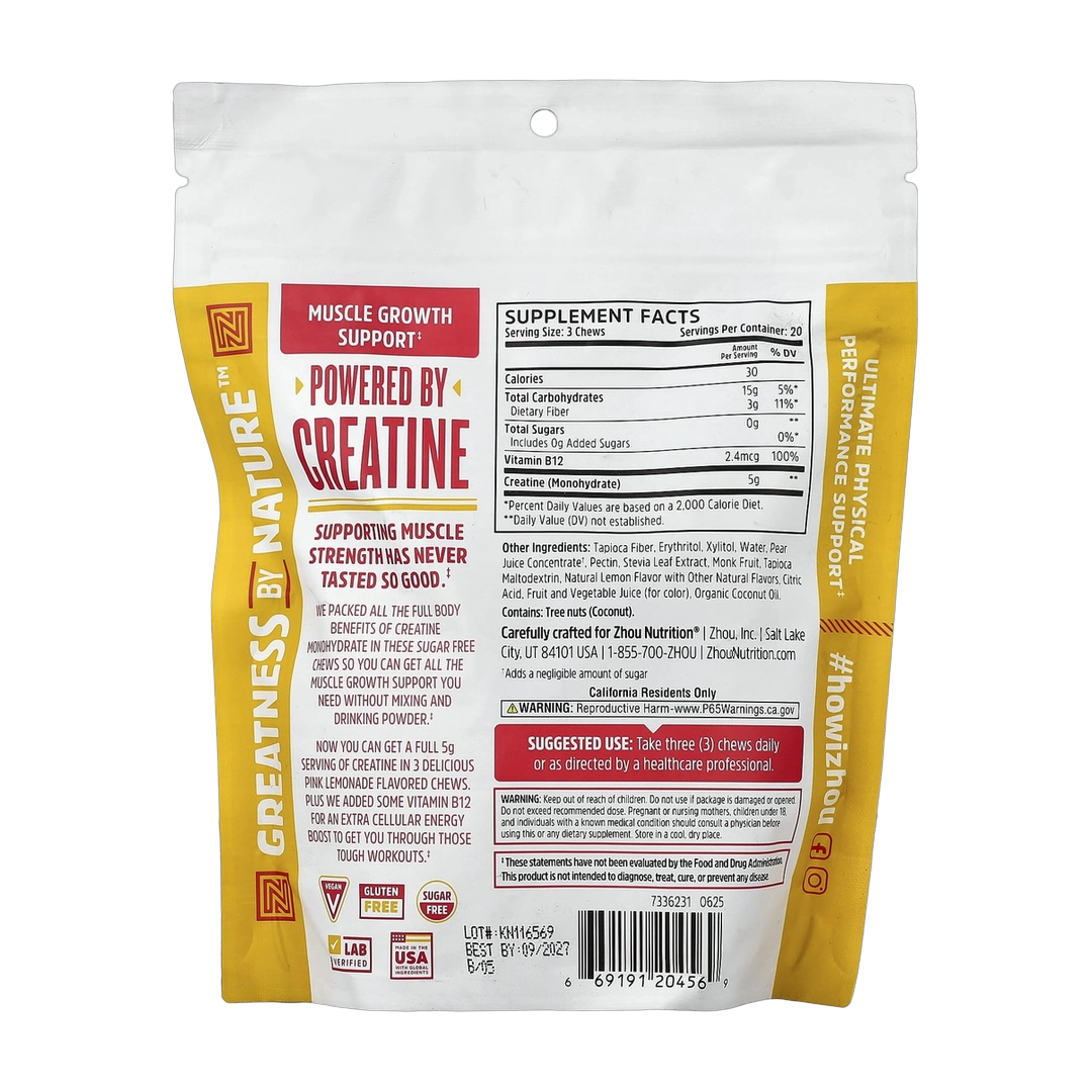Zhou Nutrition, Creatine Chews, Pink Lemonade, 60 Chews back packaging view