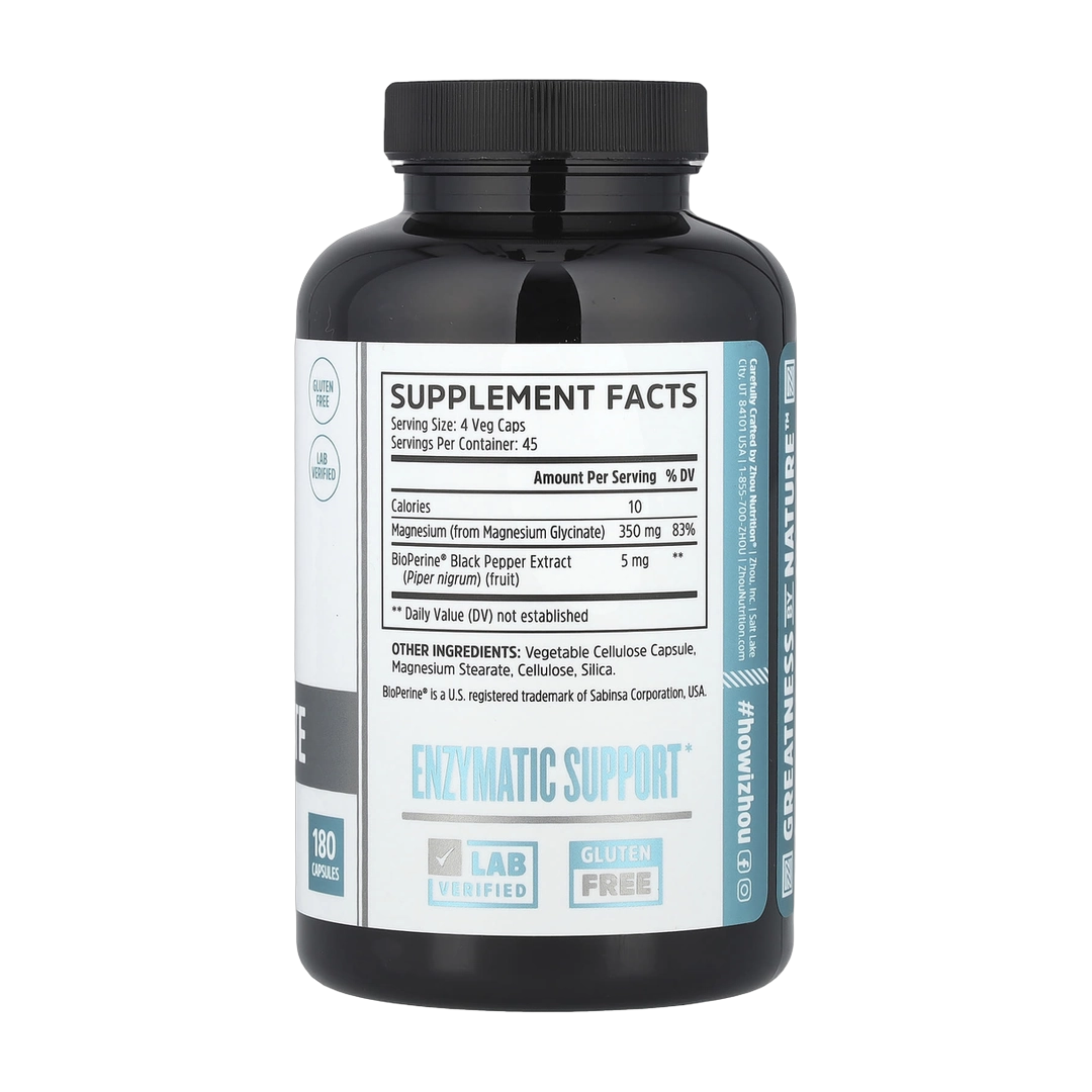 Zhou Nutrition, Mag Glycinate, 180 Capsules back packaging view