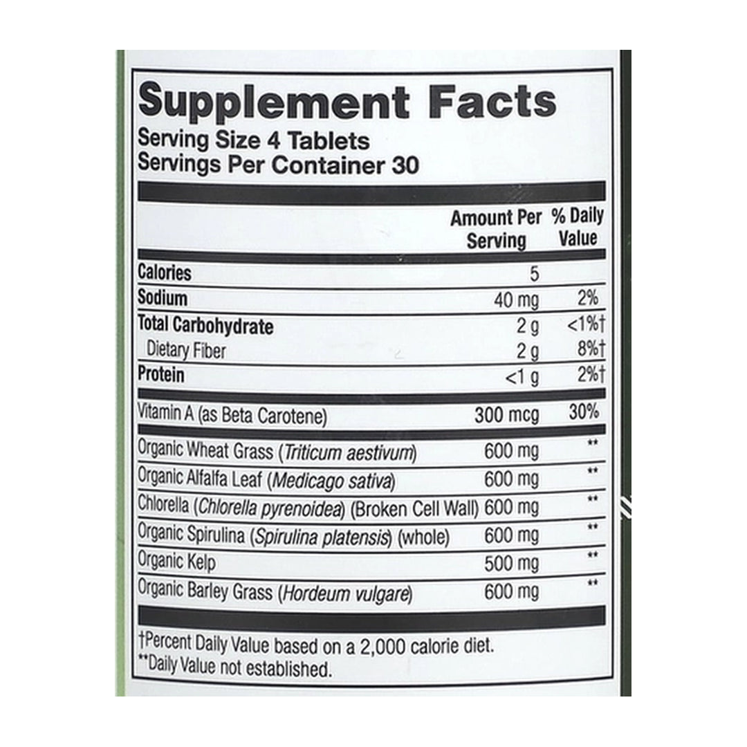 Zhou Nutrition, Total Greens, 120 Tablets supplement facts label showing ingredients, vitamins, minerals, and serving information