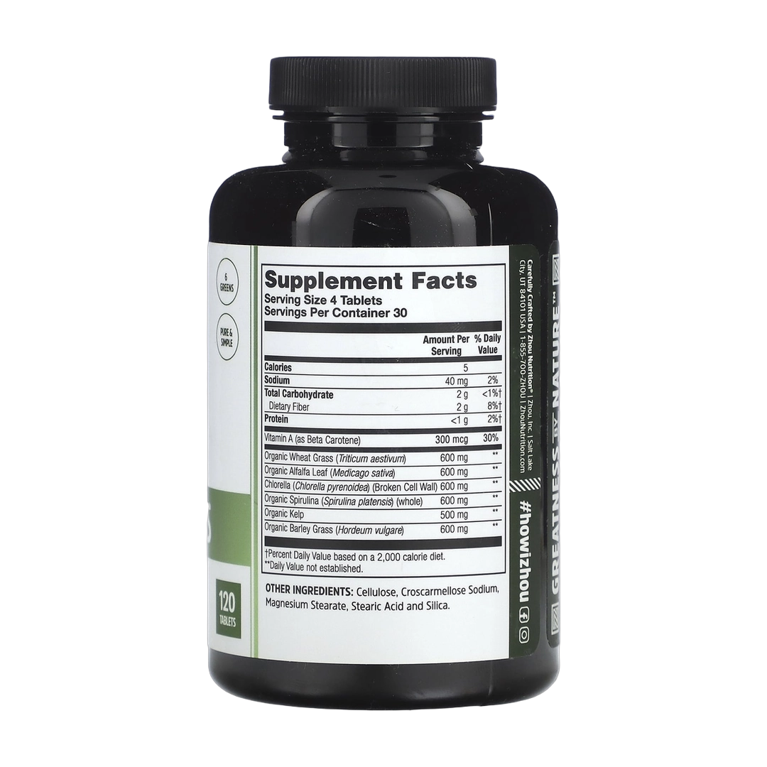 Zhou Nutrition, Total Greens, 120 Tablets back packaging view