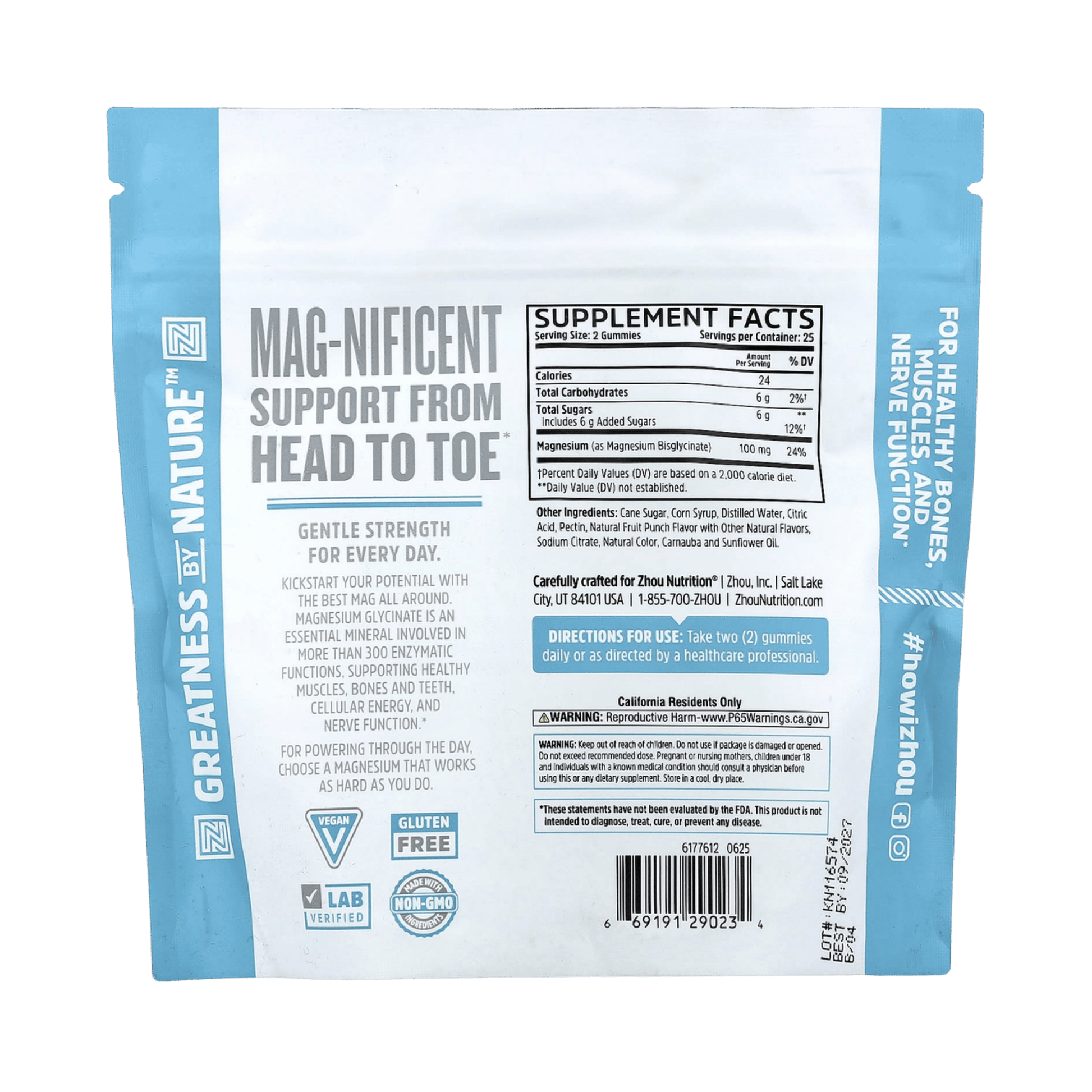 Zhou Nutrition, Mag Glycinate Gummies, Fruit Punch, 50 Gummies back packaging view
