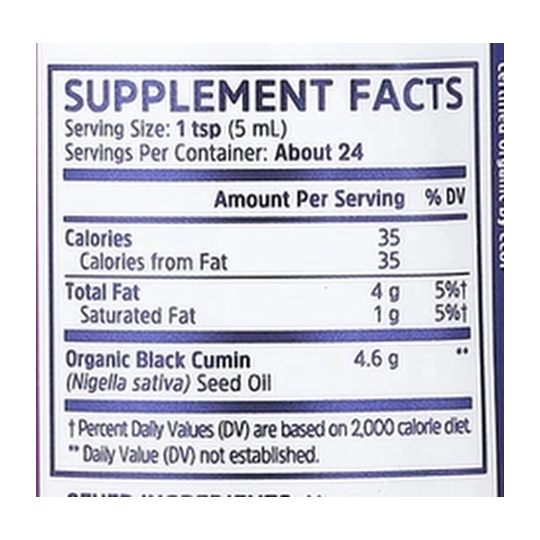 Zhou Nutrition, Organic Black Seed Oil, 4 fl oz, 118 ml supplement facts label showing ingredients, vitamins, minerals, and serving information