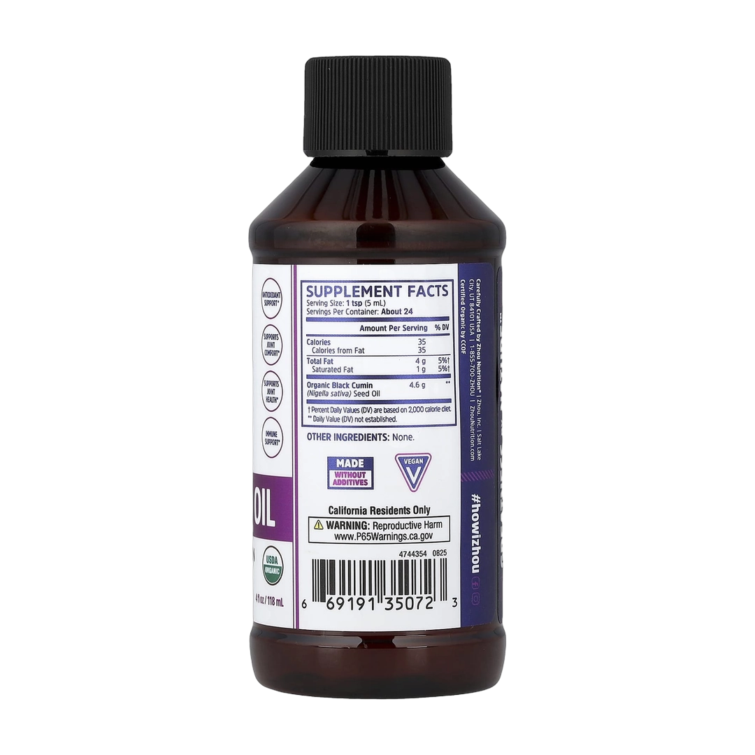 Zhou Nutrition, Organic Black Seed Oil, 4 fl oz, 118 ml back packaging view