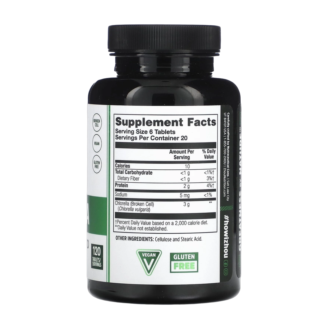 Zhou Nutrition, Chlorella, 120 Tablets back packaging view