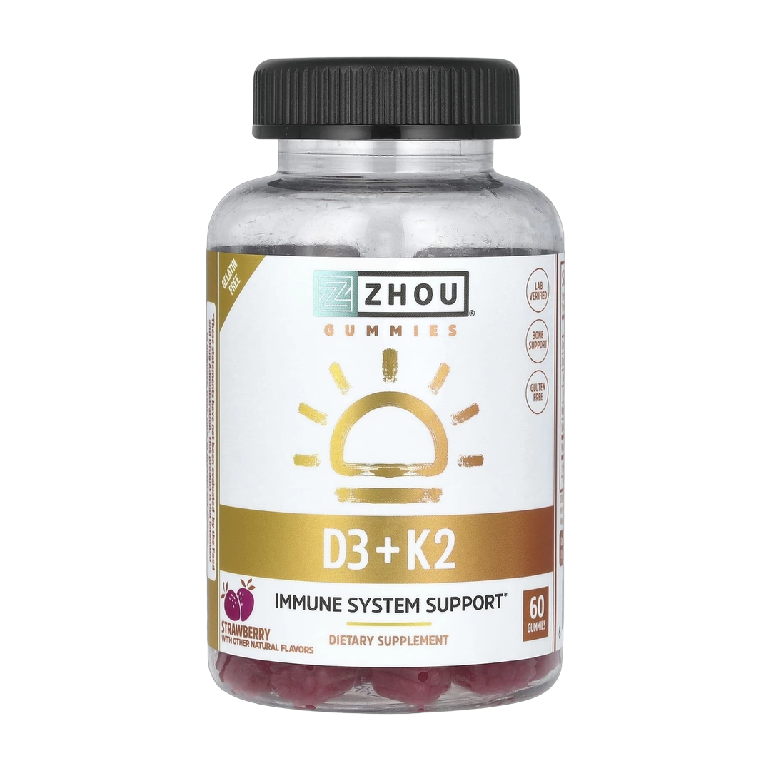 Zhou Nutrition, D3 + K2 Gummies, Strawberry, 60 Gummies front packaging view