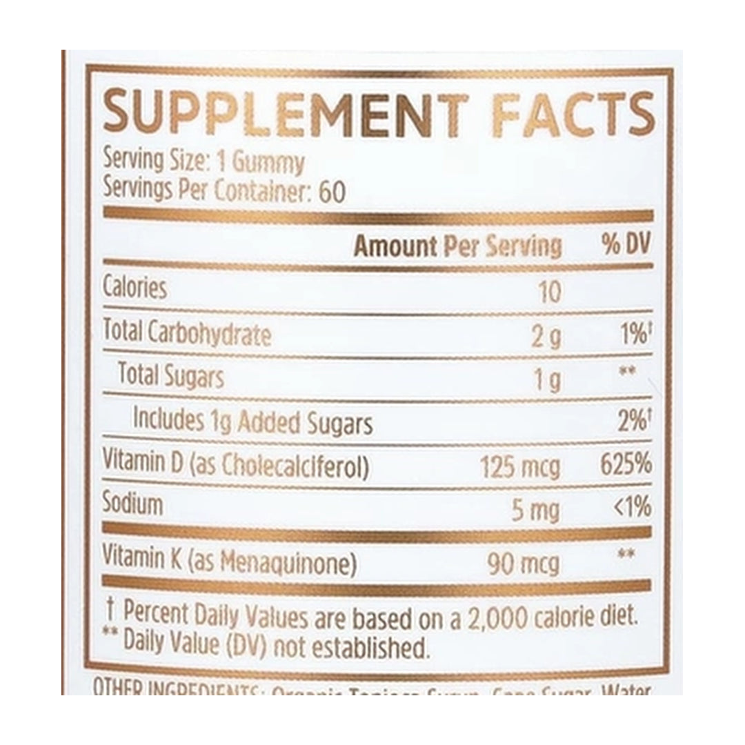 Zhou Nutrition, D3 + K2 Gummies, Strawberry, 60 Gummies supplement facts label showing ingredients, vitamins, minerals, and serving information
