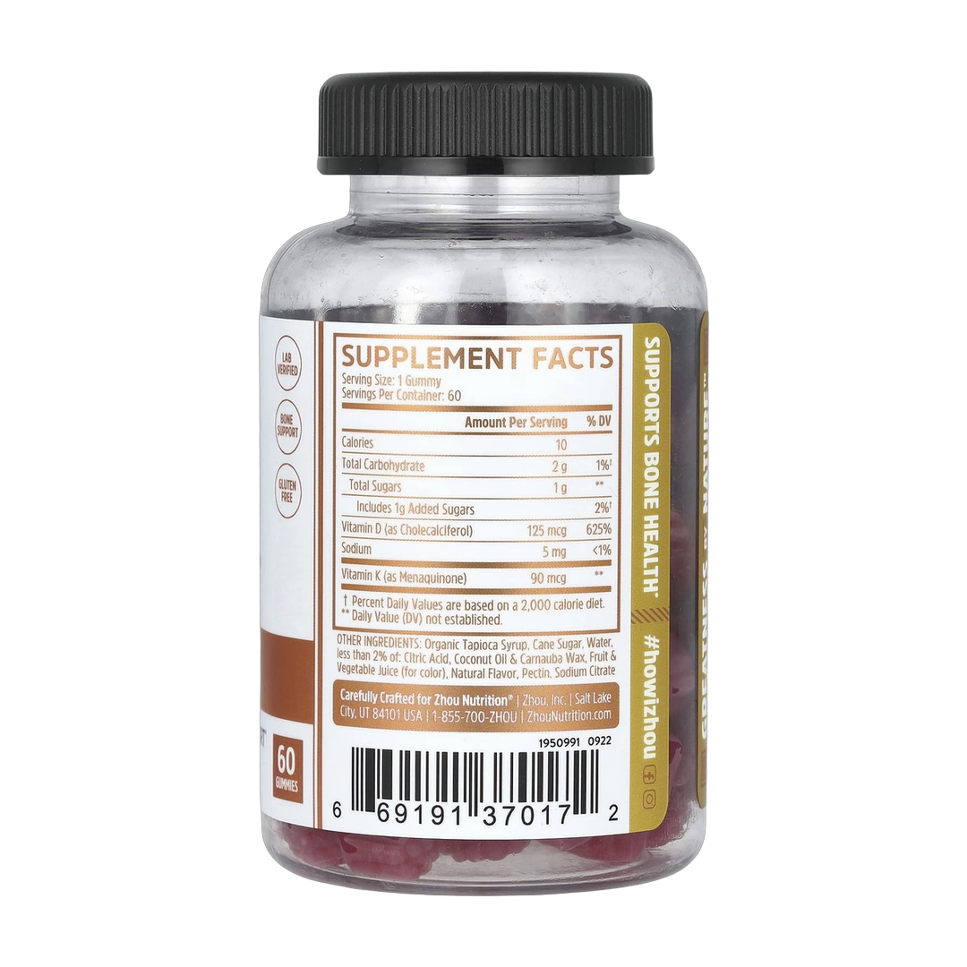 Zhou Nutrition, D3 + K2 Gummies, Strawberry, 60 Gummies back packaging view