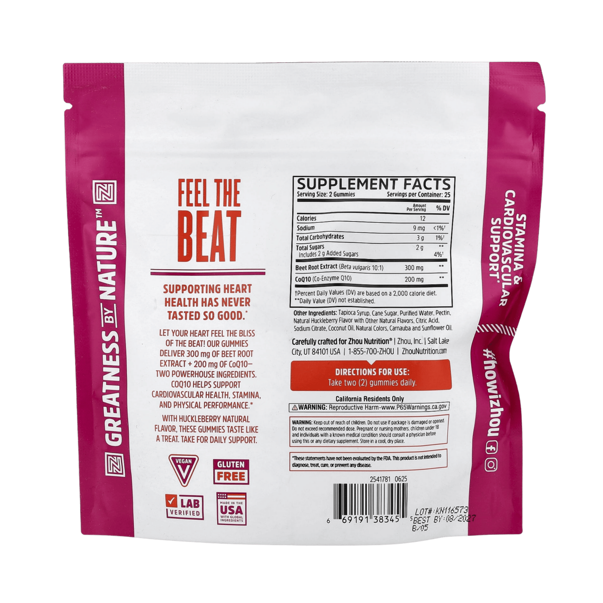 Zhou Nutrition, CoQBeet Gummies, Huckleberry, 50 Gummies back packaging view