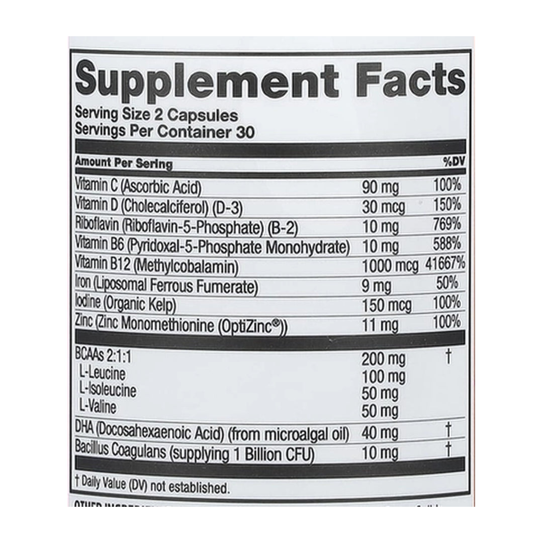 Zhou Nutrition, Vegan Essentials, 60 Capsules supplement facts label showing ingredients, vitamins, minerals, and serving information