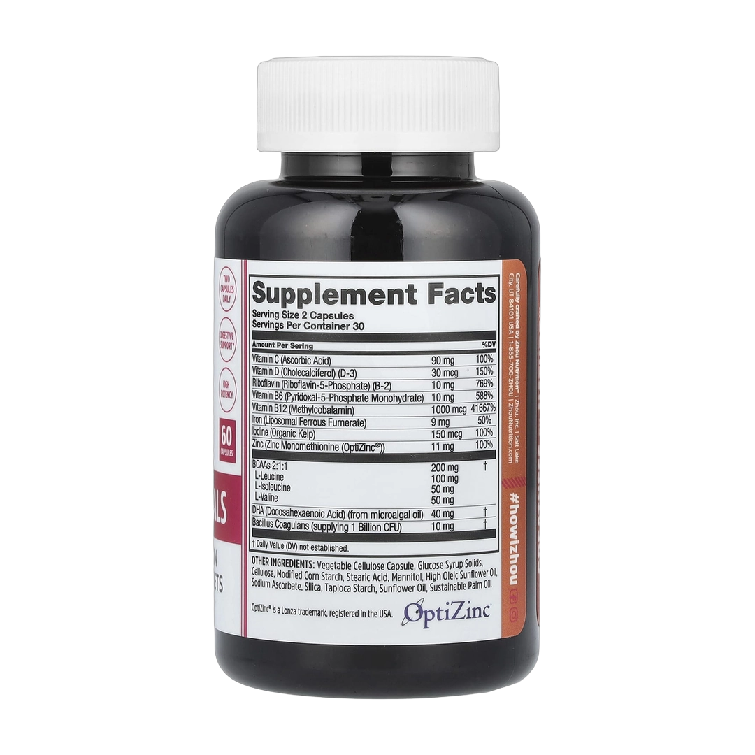 Zhou Nutrition, Vegan Essentials, 60 Capsules packaging side view