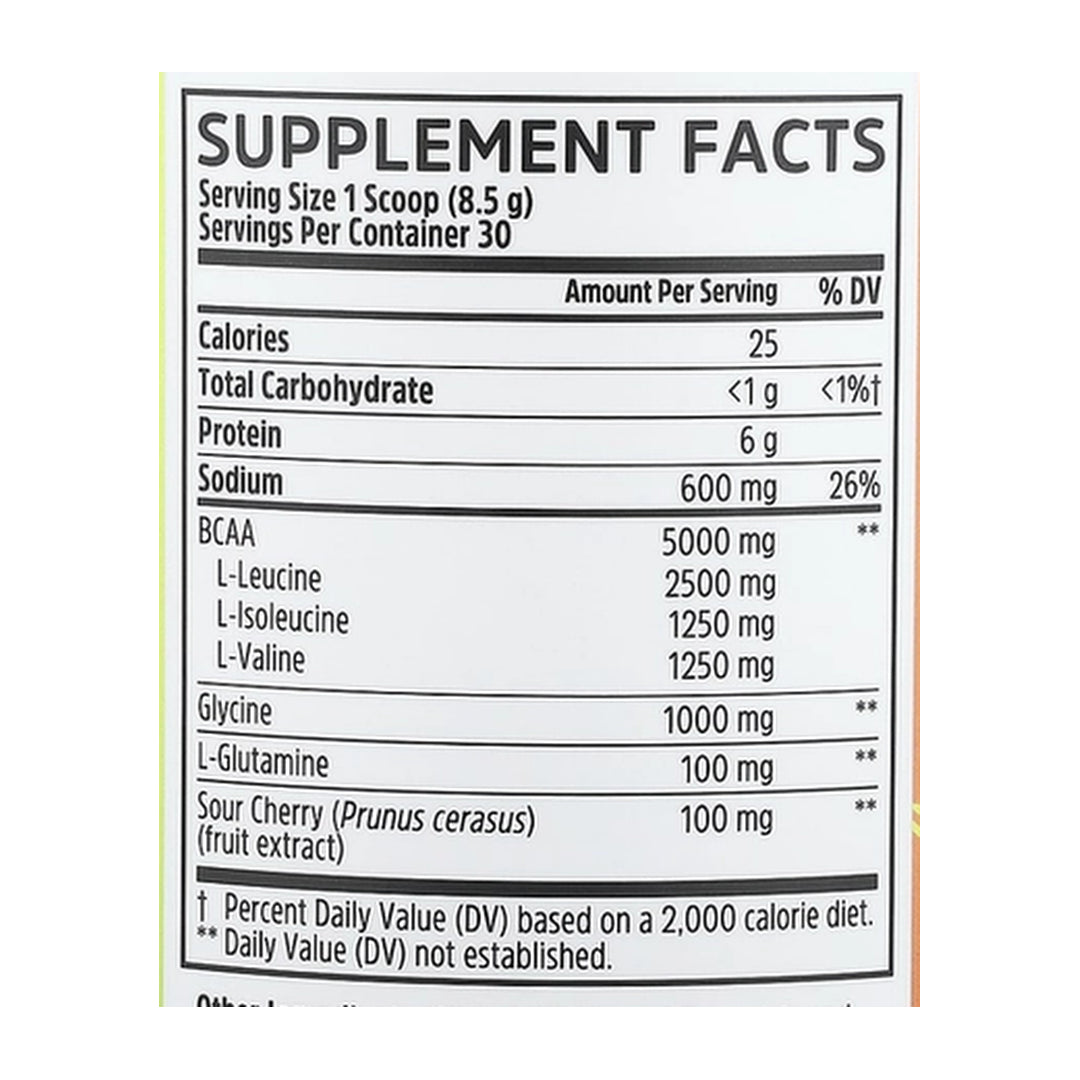Zhou Nutrition, Muscle BCAA, Tropical Punch, 9.06 oz (257 g) supplement facts label showing ingredients, vitamins, minerals, and serving information