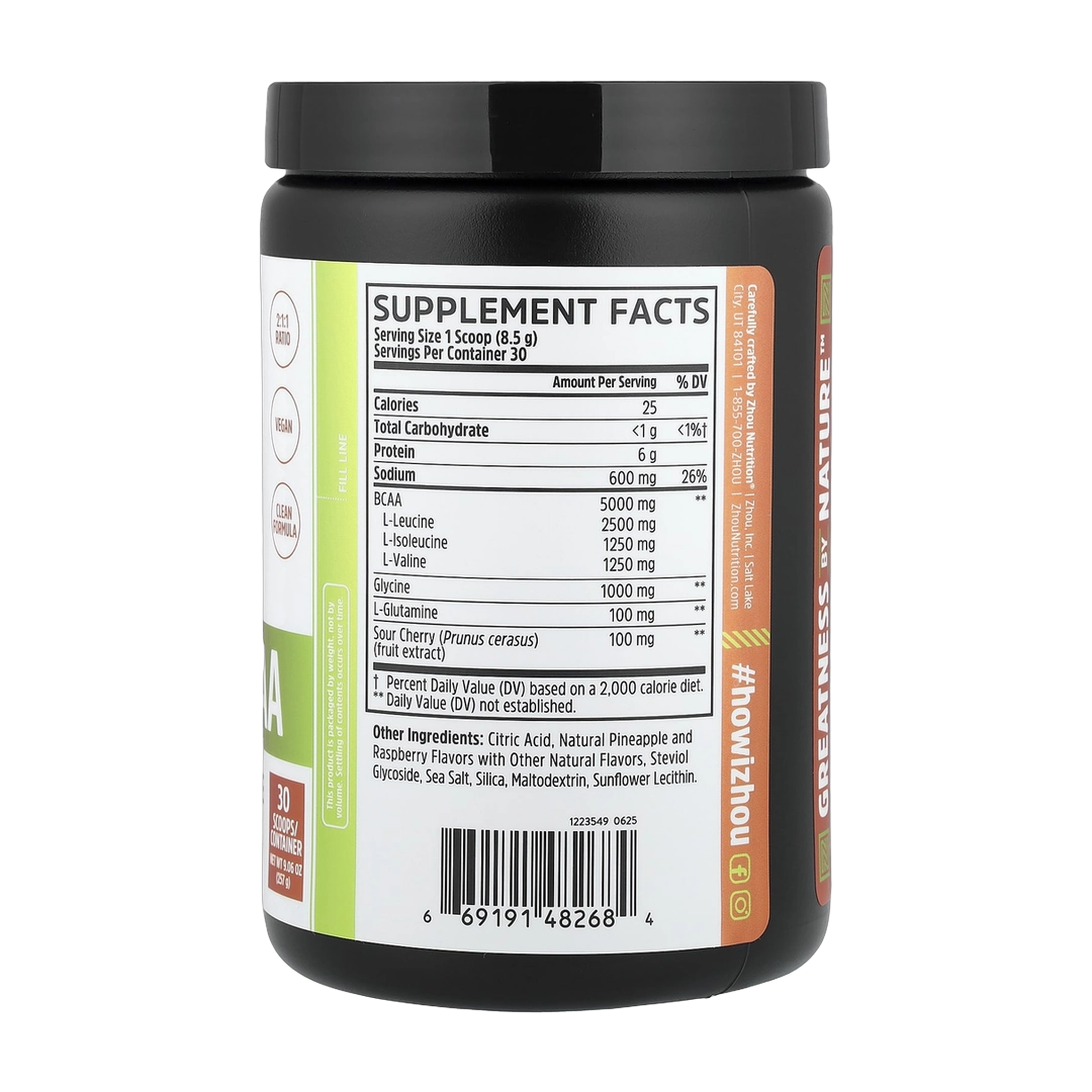 Zhou Nutrition, Muscle BCAA, Tropical Punch, 9.06 oz (257 g) back packaging view