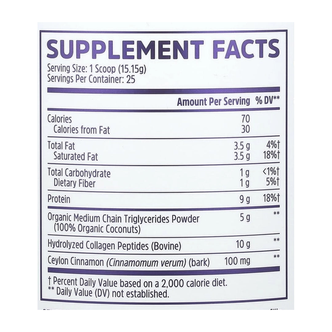 Zhou Nutrition, MCT Collagen, Vanilla Cinnamon, 13.4 oz (379 g) supplement facts label showing ingredients, vitamins, minerals, and serving information