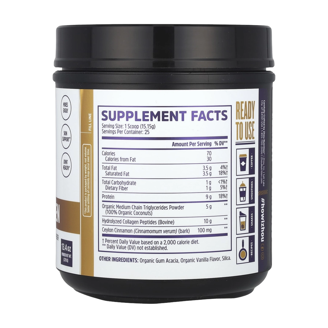 Zhou Nutrition, MCT Collagen, Vanilla Cinnamon, 13.4 oz (379 g) back packaging view