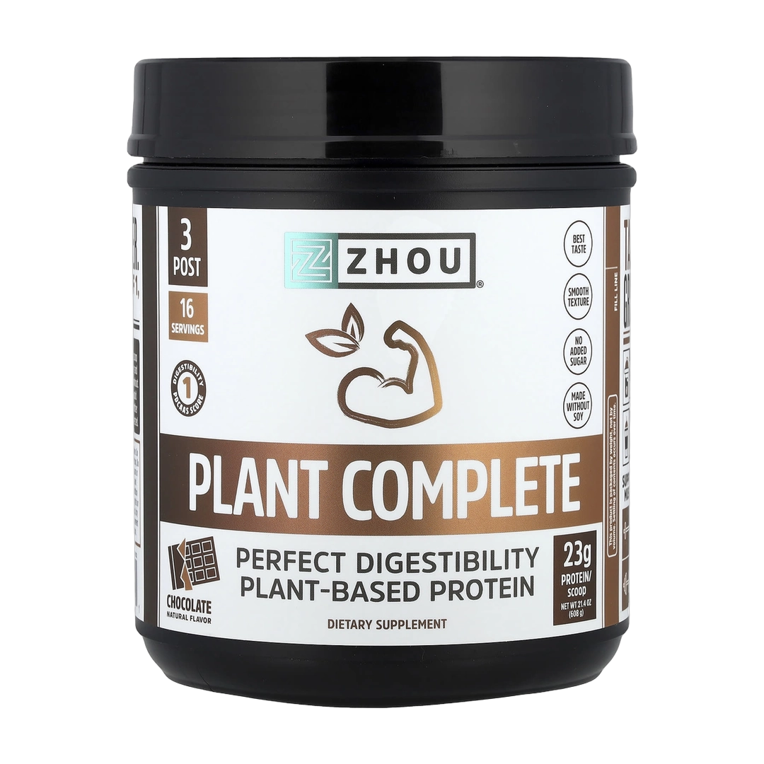 Zhou Nutrition, Plant Complete, Perfect Digestibility Plant-Based Protein, Chocolate, 21.4 oz (608 g) front packaging view