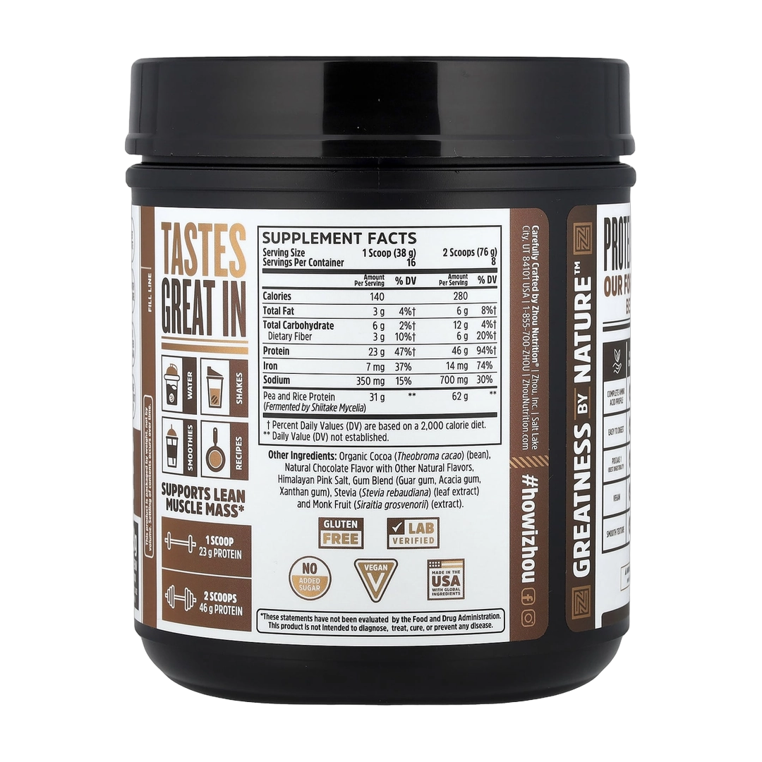 Zhou Nutrition, Plant Complete, Perfect Digestibility Plant-Based Protein, Chocolate, 21.4 oz (608 g) back packaging view