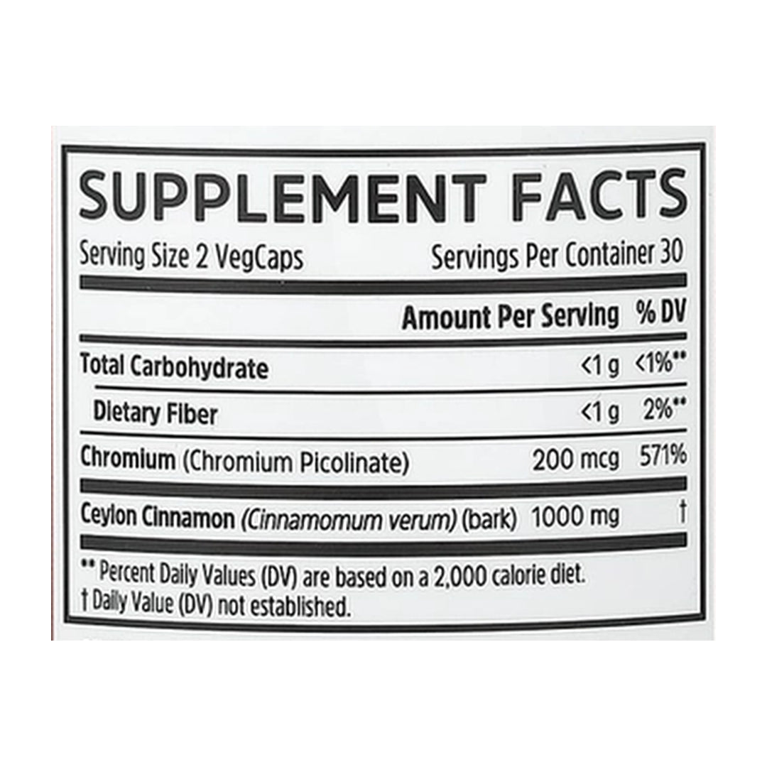 Zhou Nutrition, Ceylon Cinnamon, 60 Capsules supplement facts label showing ingredients, vitamins, minerals, and serving information