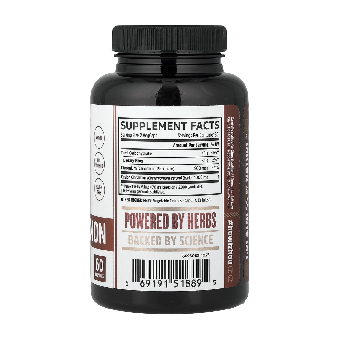 Zhou Nutrition, Ceylon Cinnamon, 60 Capsules back packaging view